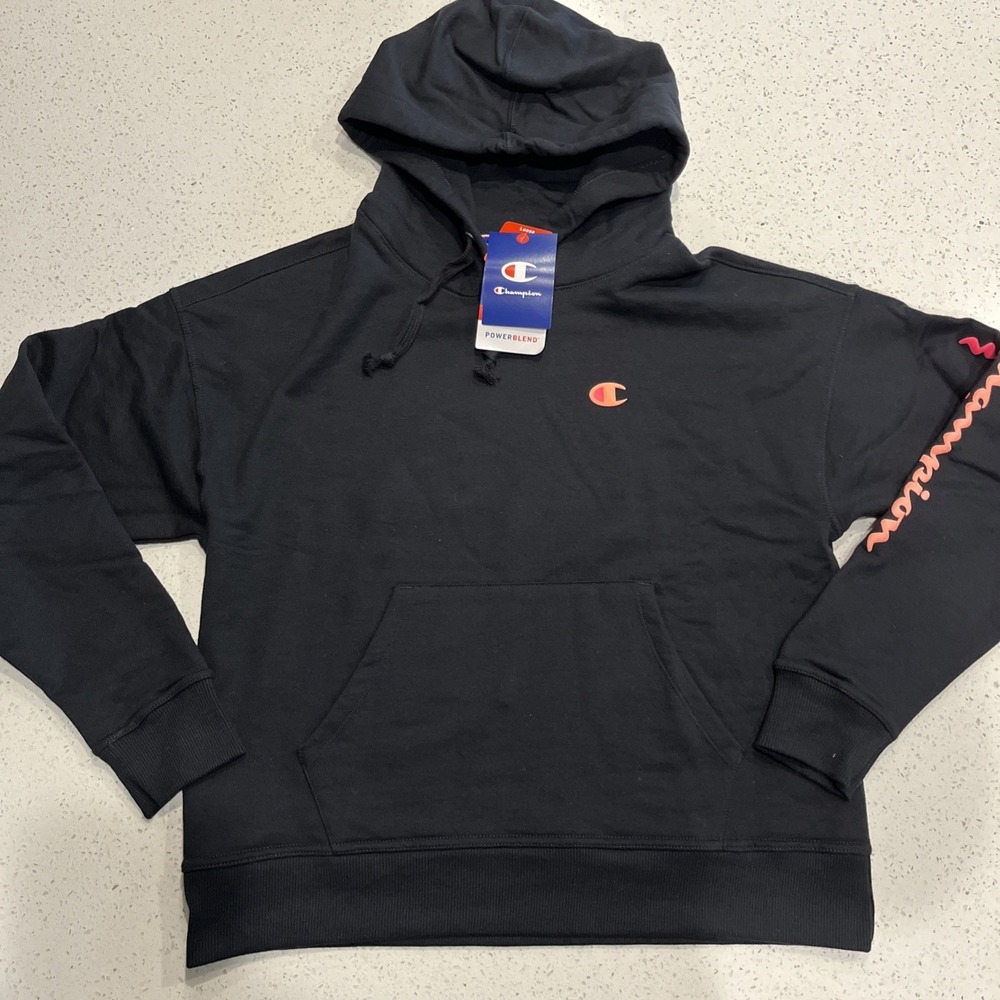 Champion Men's Powerblend Script Graphic Hoodie (Black W/ Pink Script) Small NWT